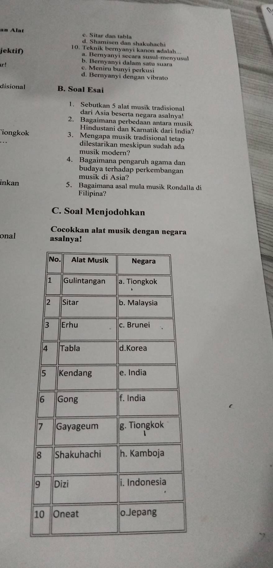 an Alat c. Sitar dan tabla
d. Shamisen dan shakuhachi
10. Teknik bernyanyi kanon adalah...
jektif) a. Bernyanyi secara susul-menyusul
b. Bernyanyi dalam satu suara
r!
c. Meniru bunyi perkusi
d. Bernyanyi dengan vibrato
disional B. Soal Esai
1. Sebutkan 5 alat musik tradisional
dari Asia beserta negara asalnya!
2. Bagaimana perbedaan antara musik
Hindustani dan Karnatik dari India?
iongkok 3. Mengapa musik tradisional tetap
dilestarikan meskipun sudah ada
musik modern?
4. Bagaimana pengaruh agama dan
budaya terhadap perkembangan
musik di Asia?
inkan 5. Bagaimana asal mula musik Rondalla di
Filipina?
C. Soal Menjodohkan
Cocokkan alat musik dengan negara
onal asalnya!