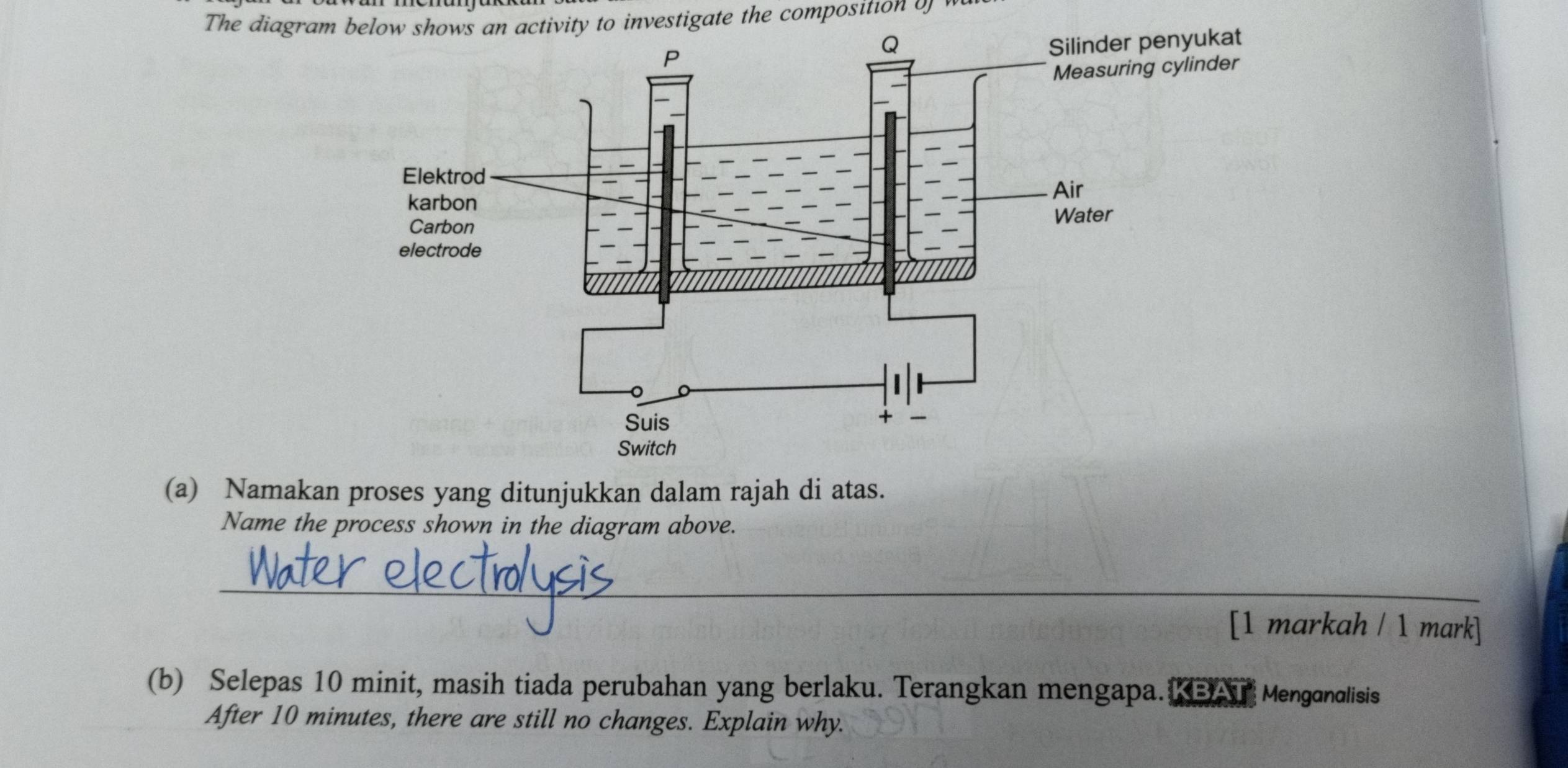 The diagram below shows an activity to investigate the composition of m
(a) Namakan proses yang ditunjukkan dalam rajah di atas. 
Name the process shown in the diagram above. 
_ 
[1 markah / 1 mark] 
(b) Selepas 10 minit, masih tiada perubahan yang berlaku. Terangkan mengapa. BAT Menganalisis 
After 10 minutes, there are still no changes. Explain why.