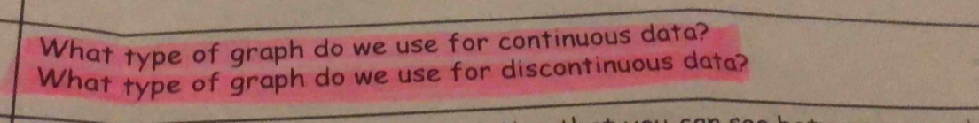 What type of graph do we use for continuous data? 
What type of graph do we use for discontinuous data?