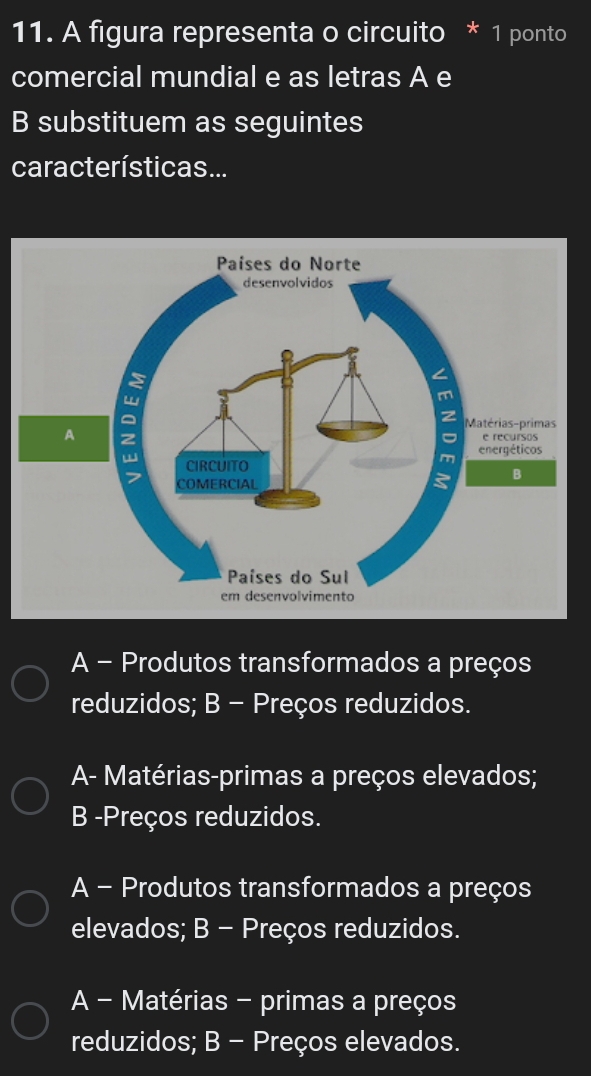 A figura representa o circuito * 1 ponto
comercial mundial e as letras A e
B substituem as seguintes
características ...
A - Produtos transformados a preços
reduzidos; B - Preços reduzidos.
A- Matérias-primas a preços elevados;
B -Preços reduzidos.
A - Produtos transformados a preços
elevados; B - Preços reduzidos.
A - Matérias - primas a preços
reduzidos; B - Preços elevados.