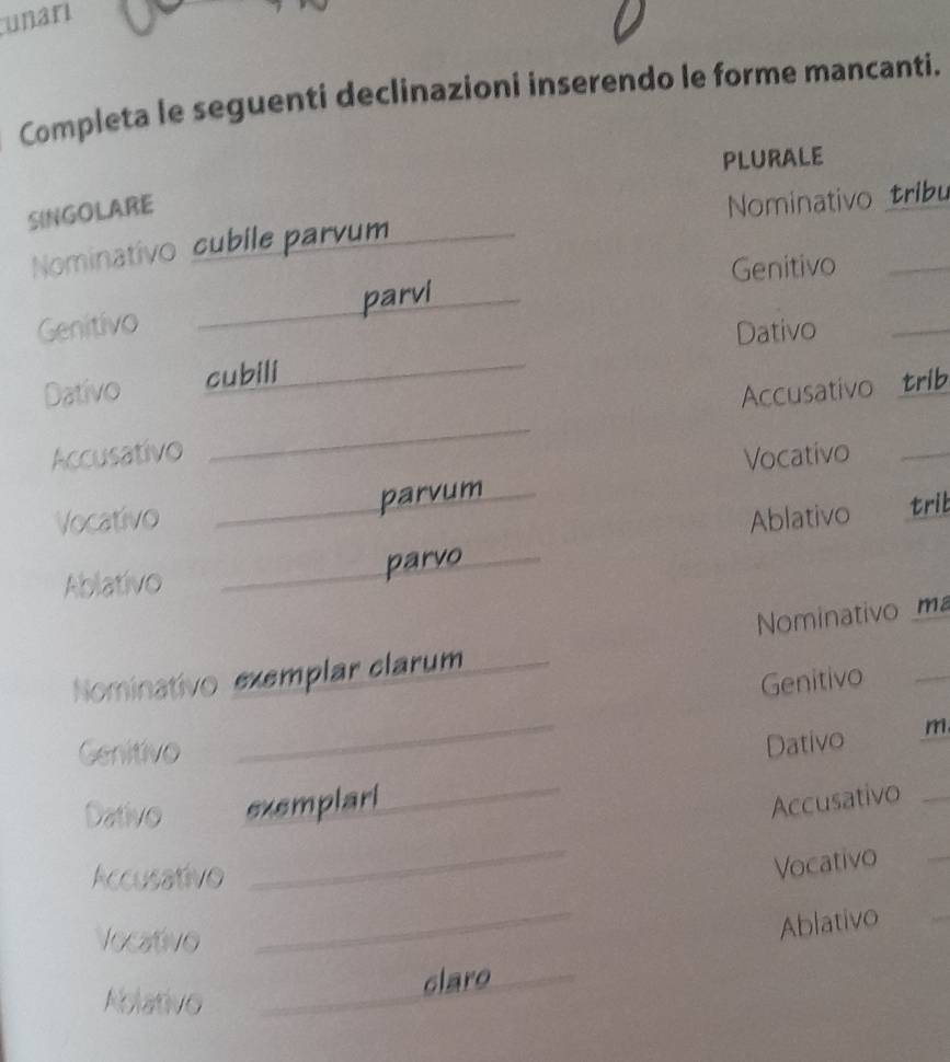 unari 
Completa le seguenti declinazioni inserendo le forme mancanti. 
PLURALE 
SINGOLARE 
Nominativo_ 
Nominativo cubile parvum_ 
Genitivo_ 
_parvi_ 
Genitivo 
Dativo 
_ 
Dativo cubili_ 
Accusativo _Accusativo__ 
Vocativo 
Vocativo _parvum_ 
Ablativo trib 
Ablativo _parvo_ 
Nominativo ma 
Nominativo exemplar clarum_ 
Genitivo 
_ 
Genitivo 
_ 
Dativo m 
Dativo exemplarl 
_ 
Accusativo_ 
Accusativo 
_ 
Vocativo 
_ 
Vocativo 
_ 
Ablativo 
_ 
claro 
Ablativo_