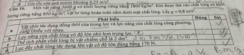 Gia tốc của quả tennis khoảng 6.23m/s^2.
Câu 16. . Một vật nặng 3600 g có khổi lượng riêng bằng 800kg/m^3. Khi được thả vào chất lông có khối
m^3 Vật lơ lửng hoàn toàn nằm dưới mặt chất lỏng. Lấy g=9,8m/s^2.
