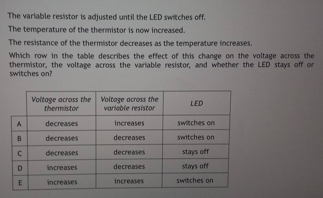 The variable resistor is adjusted until the LED switches off. 
The temperature of the thermistor is now increased. 
The resistance of the thermistor decreases as the temperature increases. 
Which row in the table describes the effect of this change on the voltage across the 
thermistor, the voltage across the variable resistor, and whether the LED stays off or 
switches on?