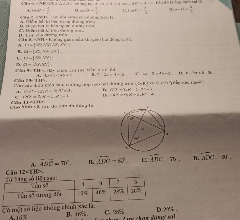 ∠ NB>C họ △ ABC vuông tại A có AB=3cm,AC=4cm Khi đó khẳng định sai là
A. sin B= 4/5 . B. cos B= 3/5 . C. tan C= 3/4 . D. cot B= 3/5 .
Câu 7. Tâm đổi xứng của đường tròn là:
A. Điểm bất kì bên trong đường tròn:
B. Điểm bất kỉ bên ngoài đường tròn;
C. Điểm bất kì trên đường tròn;
D. Tâm của đường tròn.
Câu 8.∠ NB>K Chông gian mẫu khi gieo hai đồng xu là:
A. Omega = SS;NN;NS;SN :
B. Omega = SS;NN;SN ;
C. Omega = SS;NN ;
D. Omega = SS;SN .
Câu 9.. Hãy chọn câu sai. Nếu a thì
A. 4a+1<4b+5. B. 7-2a>4-2b. C. 4a-2<4b-2. D. 6-3a<6-3b.
Câu 10.
Cho các điều kiện sau, trường hợp nào hai đường tròn (O;R) và (O';R') tiếp xúc ngoài:
A. OO'=12;R=5;R'=3. B. OO'=8;R=5;R'=3.
C. OO'=7;R=5;R'=3.
D. OO'=0;R=5;R'=4.
Câu 11.
Cho hình vẽ, khi đó đáp án đúng là:
A. widehat ADC=70^0. B. widehat ADC=80°. C. widehat ADC=75°. D. widehat ADC=60°.
Câu 12.
Có một số liệu không chín
A.16% B. 46% . C. 28% .
D.20% .
h o n :  L ựa chon đúng/ sai