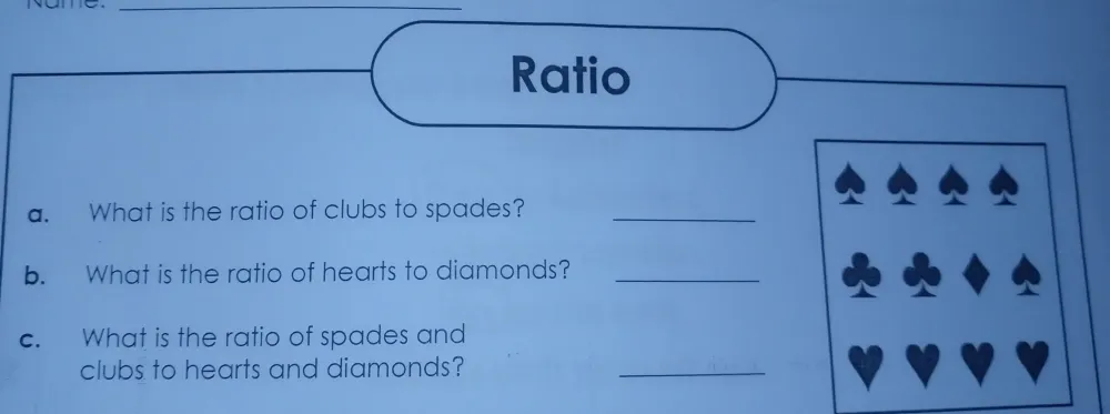 Solved: Ratio a. What is the ratio of clubs to spades?_ b. What is the ...