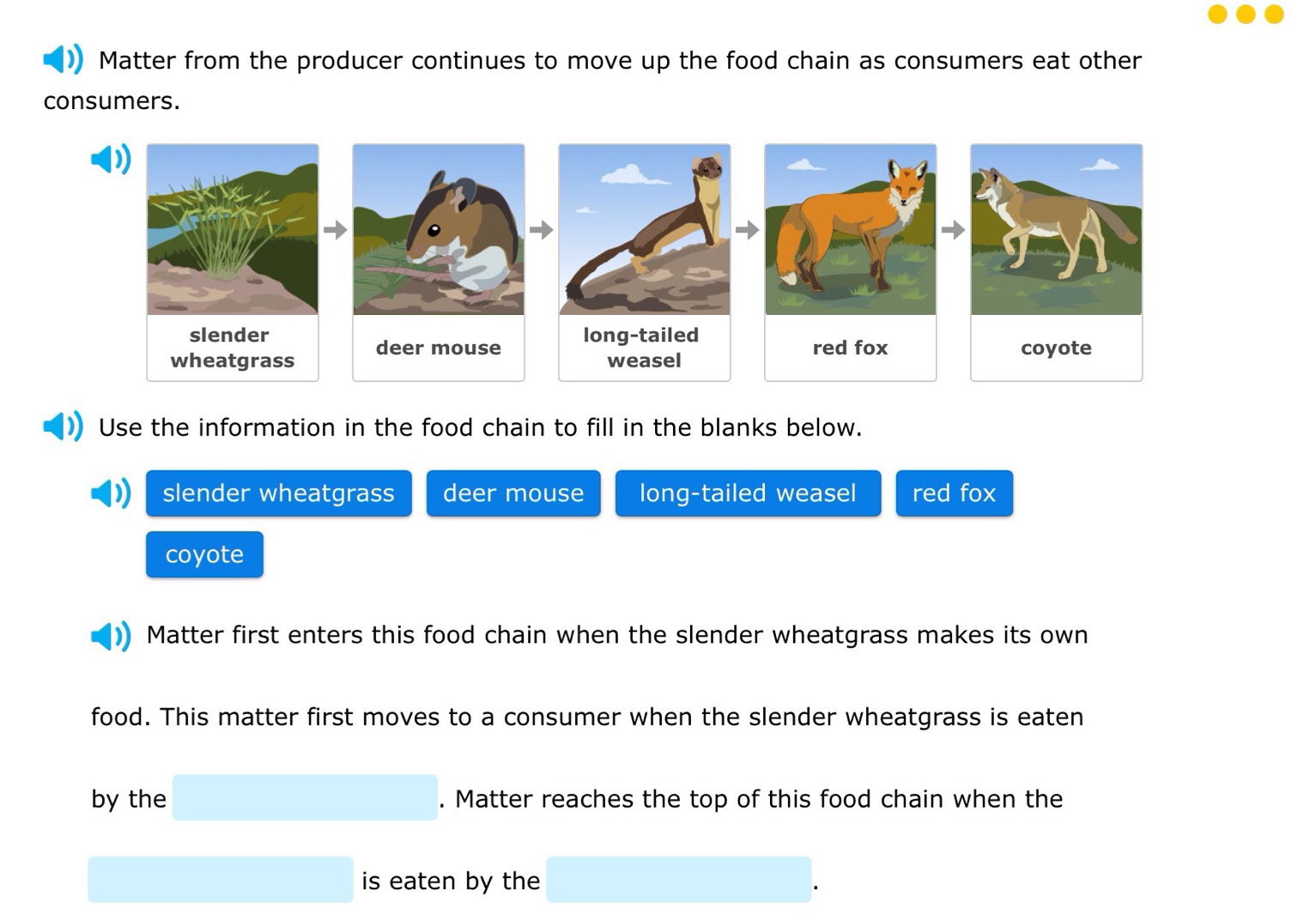 Matter from the producer continues to move up the food chain as consumers eat other
consumers.
Use the information in the food chain to fill in the blanks below.
slender wheatgrass deer mouse long-tailed weasel red fox
coyote
Matter first enters this food chain when the slender wheatgrass makes its own
food. This matter first moves to a consumer when the slender wheatgrass is eaten
by the . Matter reaches the top of this food chain when the
is eaten by the