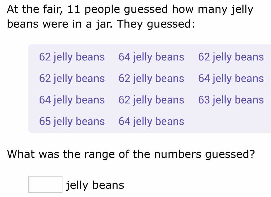 At the fair, 11 people guessed how many jelly 
beans were in a jar. They guessed:
62 jelly beans 64 jelly beans 62 jelly beans
62 jelly beans 62 jelly beans 64 jelly beans
64 jelly beans 62 jelly beans 63 jelly beans
65 jelly beans 64 jelly beans 
What was the range of the numbers guessed? 
jelly beans