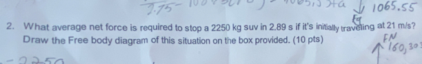 What average net force is required to stop a 2250 kg suv in 2.89 s if it's initially traveling at 21 m/s? 
Draw the Free body diagram of this situation on the box provided. (10 pts)