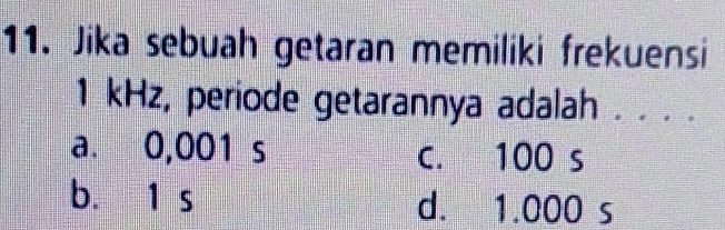 Jika sebuah getaran memiliki frekuensi
1 kHz, periode getarannya adalah . . . .
a. 0,001 s c. 100 s
b. 1 s d. 1.000 s