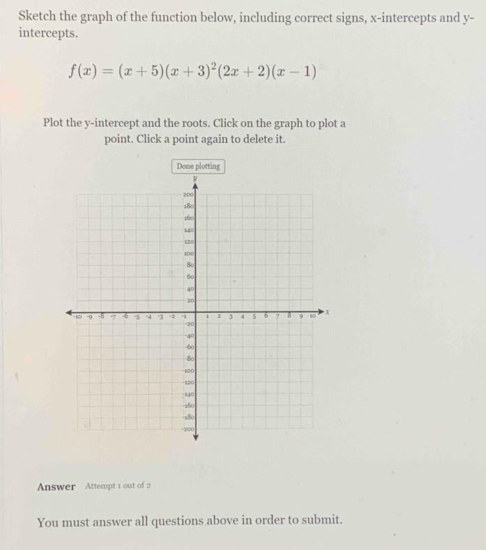 Sketch the graph of the function below, including correct signs, x-intercepts and y - 
intercepts.
f(x)=(x+5)(x+3)^2(2x+2)(x-1)
Plot the y-intercept and the roots. Click on the graph to plot a 
point. Click a point again to delete it. 
Done plotting 
Answer Attempt 1 out of 2 
You must answer all questions above in order to submit.