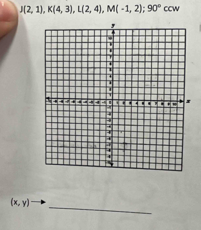 J(2,1), K(4,3), L(2,4), M(-1,2);90°ccw
_
(x,y)to