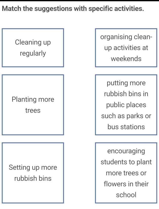 Match the suggestions with specific activities.
organising clean-
Cleaning up
up activities at
regularly
weekends
putting more
rubbish bins in
Planting more
public places
trees
such as parks or
bus stations
encouraging
students to plant
Setting up more
more trees or
rubbish bins
flowers in their
school