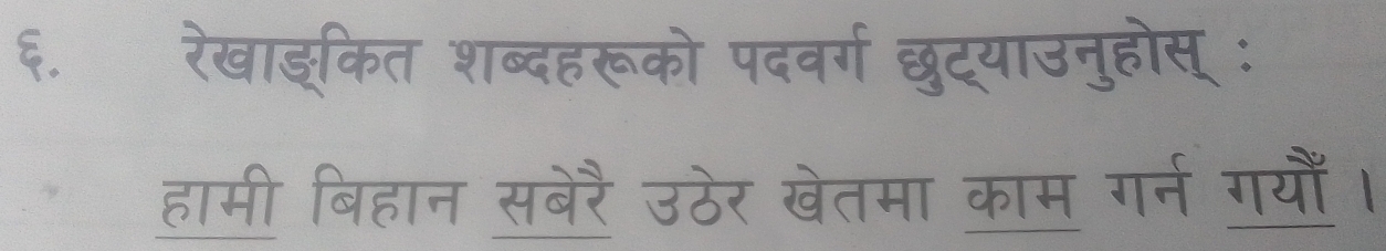 ६. रेखाइकित शब्दहरूको पदवर्ग छुट्याउनुहोस् : 
हामी बिहान सबेरै उठेर खेतमा काम गर्न गयौँ।