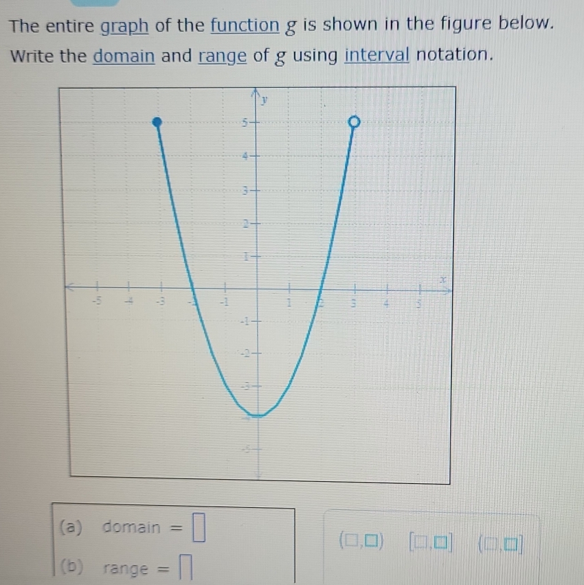 The entire graph of the function g is shown in the figure below. 
Write the domain and range of g using interval notation. 
(a) c 101 main =□ 
_ 
(□ ,□ ) [□ ,□ ] (□ ,□ ]
(b) rang =□