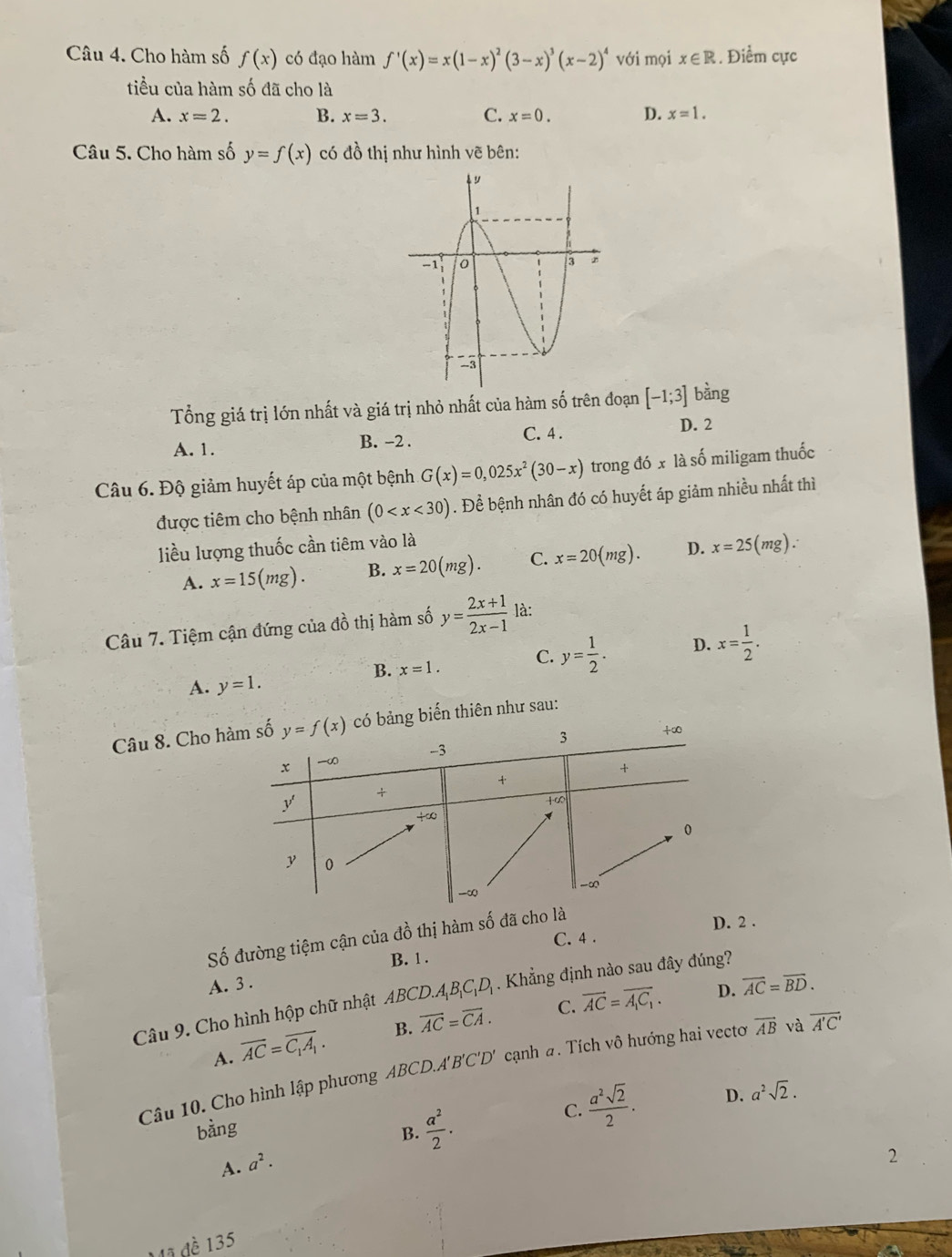 Cho hàm số f(x) có đạo hàm f'(x)=x(1-x)^2(3-x)^3(x-2)^4 với mọi x∈ R. Điểm cực
tiểu của hàm số đã cho là
A. x=2. B. x=3. C. x=0. D. x=1.
Câu 5. Cho hàm số y=f(x) có đồ thị như hình vẽ bên:
Tổng giá trị lớn nhất và giá trị nhỏ nhất của hàm số trên đoạn [-1;3] bàng
A. 1. B. -2 . C. 4 .
D. 2
Câu 6. Độ giảm huyết áp của một bệnh G(x)=0,025x^2(30-x) trong đó x là số miligam thuốc
được tiêm cho bệnh nhân (0 . Để bệnh nhân đó có huyết áp giảm nhiều nhất thì
liều lượng thuốc cần tiêm vào là
A. x=15(mg). B. x=20(mg). C. x=20(mg). D. x=25(mg).
Câu 7. Tiệm cận đứng của đồ thị hàm số y= (2x+1)/2x-1  là:
B. x=1. C. y= 1/2 . D. x= 1/2 .
A. y=1.
Câu 8. Cho hàcó bảng biến thiên như sau:
Số đường tiệm cận của đồ thị hàm số đã cho là
D. 2 .
C. 4 .
A. 3 . B. 1 .
Câu 9. Cho hình hộp chữ nhật Ah BCD.A_1B_1C_1D_1. Khẳng định nào sau đây đúng?
A. overline AC=overline C_1A_1. B. overline AC=overline CA. C. vector AC=vector A_1C_1.
D. overline AC=overline BD.
Câu 10. Cho hình lập phương ABCD.A'B'C'D' cạnh a. Tích vô hướng hai vecto vector AB và overline A'C'
C.  a^2sqrt(2)/2 . D. a^2sqrt(2).
bằng
B.  a^2/2 .
A. a^2·
2
15 đề 135