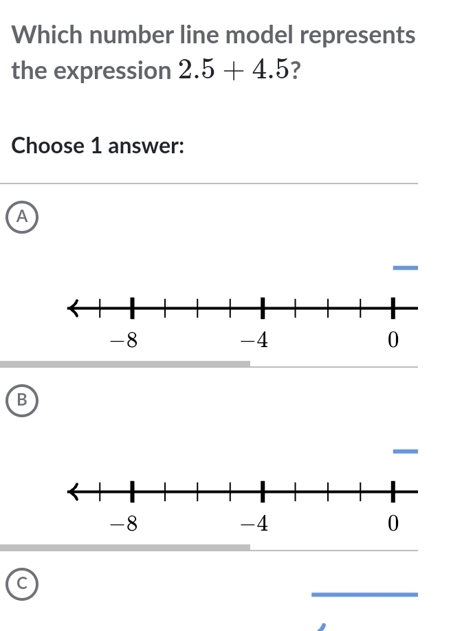 Which number line model represents 
the expression 2.5+4.5 7 
Choose 1 answer: 
A 
B 
_ 
_ 
C