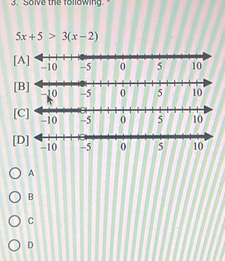 Solve the following. "
5x+5>3(x-2)
[
[
[
[D
A
B
C
D