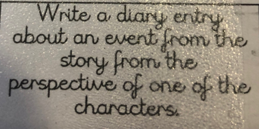 Write a diary entry 
about an event from the 
story from the 
perspective of one of the 
characters.