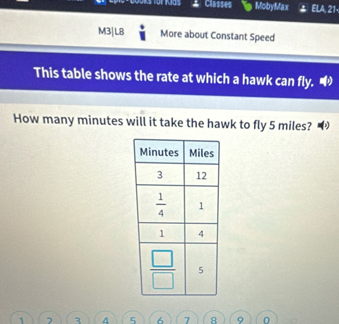 Classes MobyMax ELA, 21-
M3|L8 More about Constant Speed
This table shows the rate at which a hawk can fly. •
How many minutes will it take the hawk to fly 5 miles? D
1 2 3 5 6 7 8 9 0