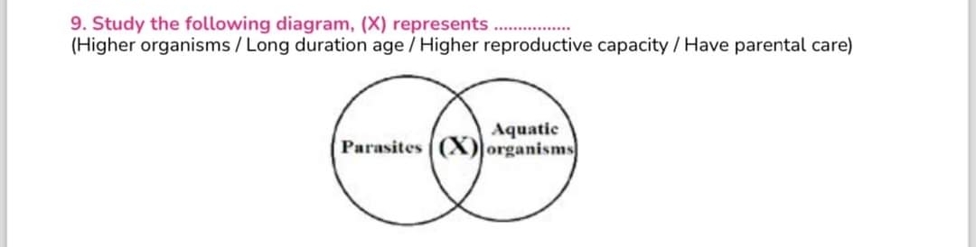 Study the following diagram, (X) represents_ 
(Higher organisms / Long duration age / Higher reproductive capacity / Have parental care)