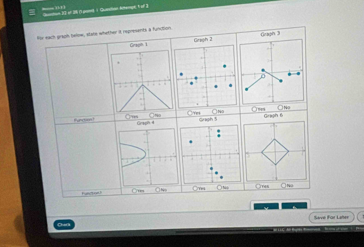 Prios (31)
Queston 32 of 28 (1 pant i Question Attempt; 1 of 2
For each graph below, state whether it represents a function.
Graph 1 Graph 2 Graph 3
.
2

.
○No
Function? ○Yes ○No ○Yes N○Yes Graph 6
Graph 4 Graph 5
Function? OYes ○No Yes NOYes ) No
Check Save For Later