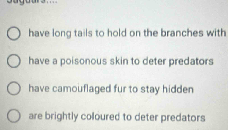 …
have long tails to hold on the branches with
have a poisonous skin to deter predators
have camouflaged fur to stay hidden
are brightly coloured to deter predators