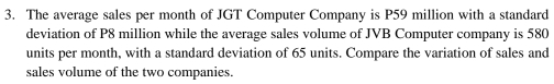 The average sales per month of JGT Computer Company is P59 million with a standard 
deviation of P8 million while the average sales volume of JVB Computer company is 580
units per month, with a standard deviation of 65 units. Compare the variation of sales and 
sales volume of the two companies.