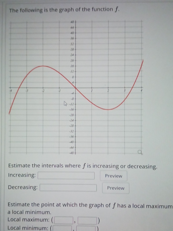 The following is the graph of the function f. 
Estimate the intervals where f is increasing or decreasing. 
Increasing: □ Preview 
Decreasing: □ Preview 
Estimate the point at which the graph of f has a local maximum 
a local minimum. 
Local maximum: (□ ,□ )
Local minimum: (□ ,□ )