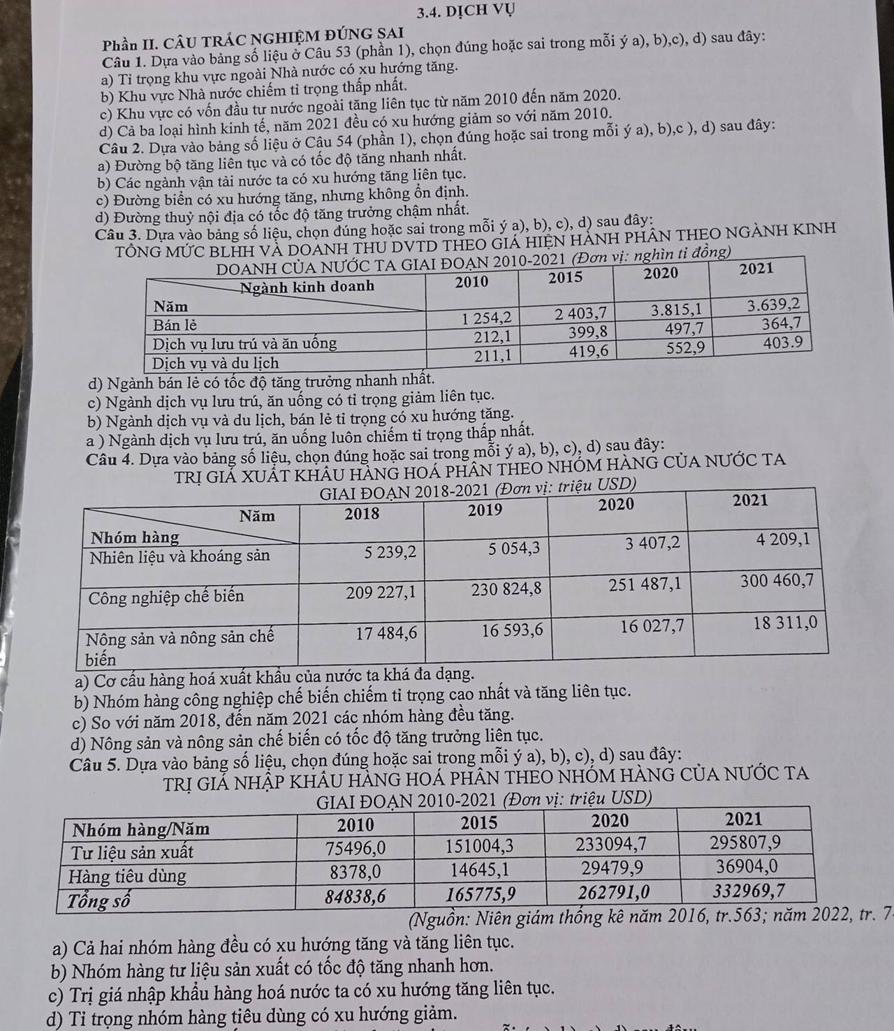 DỊCH Vụ
Phần II. CÂU TRÁC NGHIỆM ĐÚNG SAI
Câu 1. Dựa vào bảng số liệu ở Câu 53 (phần 1), chọn đúng hoặc sai trong mỗi ý a), b),c), d) sau đây:
a) Tỉ trọng khu vực ngoài Nhà nước có xu hướng tăng.
b) Khu vực Nhà nước chiếm tỉ trọng thấp nhất.
c) Khu vực có vốn đầu tư nước ngoài tăng liên tục từ năm 2010 đến năm 2020.
d) Cả ba loại hình kinh tế, năm 2021 đều có xu hướng giảm so với năm 2010.
Câu 2. Dựa vào bảng số liệu ở Cậu 54 (phần 1), chọn đúng hoặc sai trong mỗi ý a), b),c ), d) sau đây:
a) Đường bộ tăng liên tục và có tốc độ tăng nhanh nhất.
b) Các ngành vận tải nước ta có xu hướng tăng liên tục.
c) Đường biển có xu hướng tăng, nhưng không ổn định.
d) Đường thuỷ nội địa có tốc độ tăng trưởng chậm nhất.
Câu 3. Dựa vào bảng số liệu, chọn dúng hoặc sai trong mỗi ý a), b), c), d) sau đây:
TÔNG MỨC BLHH VÀ DOANH THU DVTD THEO GIÁ HIệN HÁNH PHAN THEO NGẢNH KINH
010-2021 (Đơn vị: nghìn ti đồng)
d) Ngành bán lẻ có tốc độ tăng trưởng nhanh
c) Ngành dịch vụ lưu trú, ăn uống có tỉ trọng giảm liên tục.
b) Ngành dịch vụ và du lịch, bán lẻ tỉ trọng có xu hướng tăng.
a ) Ngành dịch vụ lưu trú, ăn uống luôn chiếm tỉ trọng thấp nhất.
Câu 4. Dựa vào bảng số liệu, chọn đúng hoặc sai trong mỗi ý a), b), c), d) sau đây:
TRị GIÁ XUẢT KHÂU HẢNG HOÁ PHÂN THEO NHỚM HÀNG CủA NƯỚC TA
a) Cơ cấu hàng hoá xuất khầu của
b) Nhóm hàng công nghiệp chế biến chiếm tỉ trọng cao nhất và tăng liên tục.
c) So với năm 2018, đến năm 2021 các nhóm hàng đều tăng.
d) Nông sản và nông sản chế biến có tốc độ tăng trưởng liên tục.
Câu 5. Dựa vào bảng số liệu, chọn đúng hoặc sai trong mỗi ý a), b), c), d) sau đây:
TRị GIẢ NHậP KHÂU HÀNG HOÁ pHÂN THEO NHÓM HÀNG CủA NƯỚC tA
OẠN 2010-2021 (Đơn vị: triệu USD)
7.
a) Cả hai nhóm hàng đều có xu hướng tăng và tăng liên tục.
b) Nhóm hàng tư liệu sản xuất có tốc độ tăng nhanh hơn.
c) Trị giá nhập khẩu hàng hoá nước ta có xu hướng tăng liên tục.
d) Ti trọng nhóm hàng tiêu dùng có xu hướng giảm.