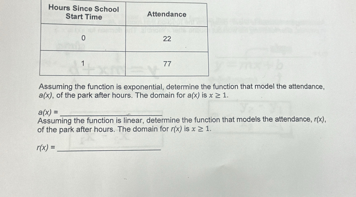 ction that model the attendance,
a(x) , of the park after hours. The domain for a(x) is x≥ 1.
a(x)= _ 
Assuming the function is linear, determine the function that models the attendance, r(x), 
of the park after hours. The domain for r(x) is x≥ 1.
r(x)= _