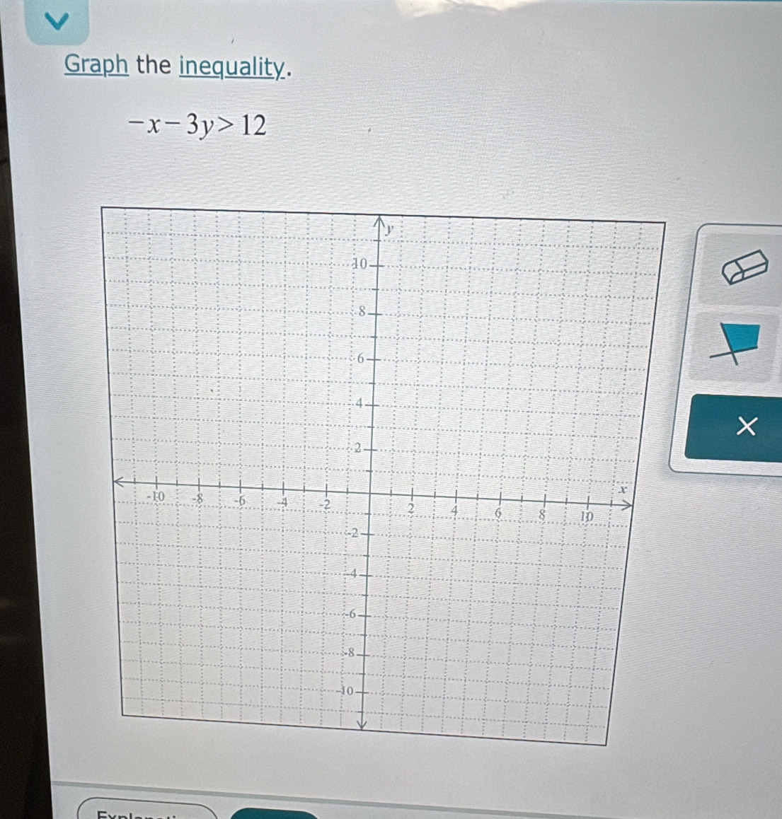 Graph the inequality.
-x-3y>12