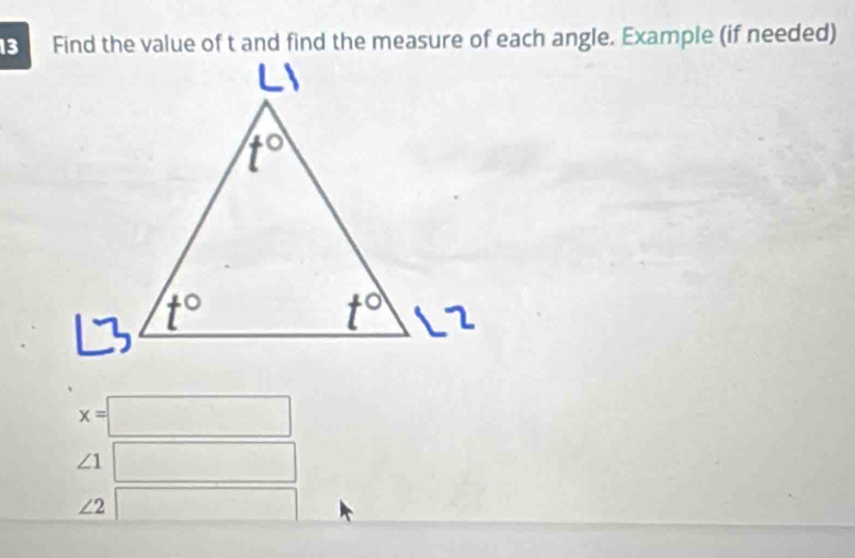 Find the value of t and find the measure of each angle. Example (if needed)
x=□
∠ 1
∠ 2 (-3,4)