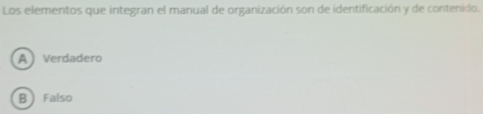 Los elementos que integran el manual de organización son de identificación y de contenido.
A  Verdadero
B Falso