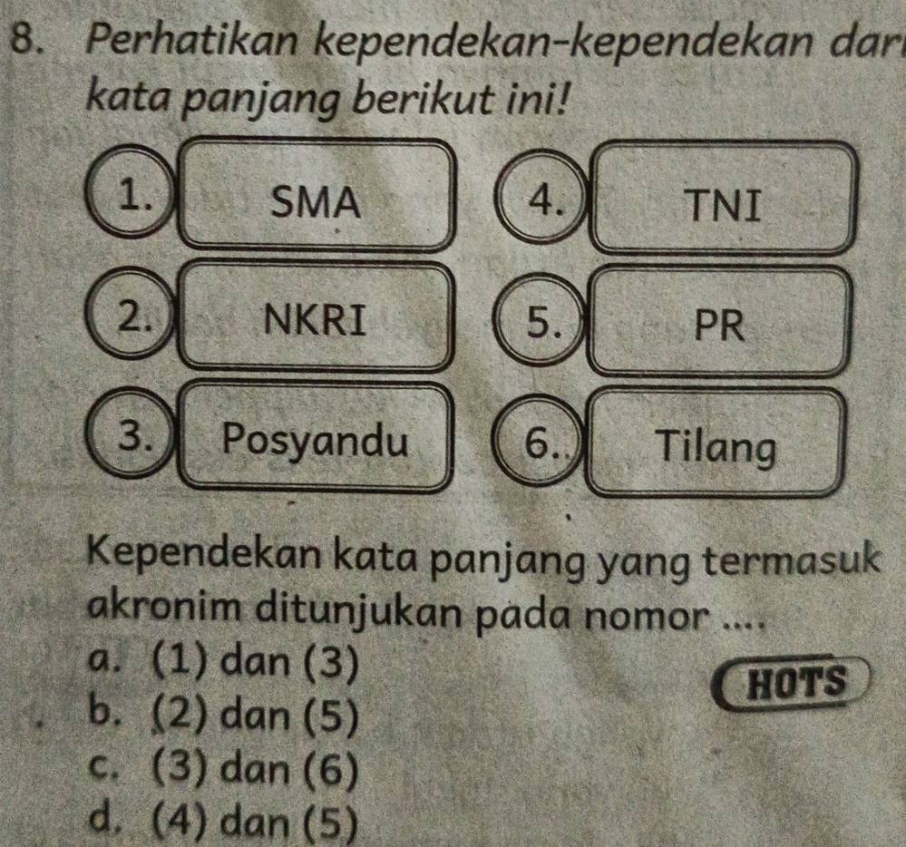 Perhatikan kependekan-kependekan dar
kata panjang berikut ini!
1. SMA 4. TNI
2. NKRI 5. PR
3. Posyandu 6. Tilang
Kependekan kata panjang yang termasuk
akronim ditunjukan pada nomor ....
a. (1) dan (3)
HOTS
b. (2) dan (5)
c. (3) dan (6)
d. (4) dan (5)