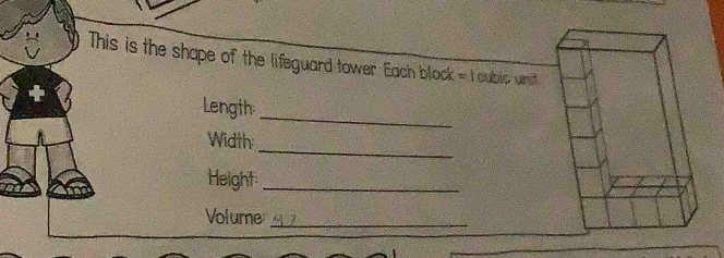 This is the shape of the lifeguard tower Each block = I cubic unit 
_ 
Length: 
_ 
Width: 
Height:_ 
Volume_