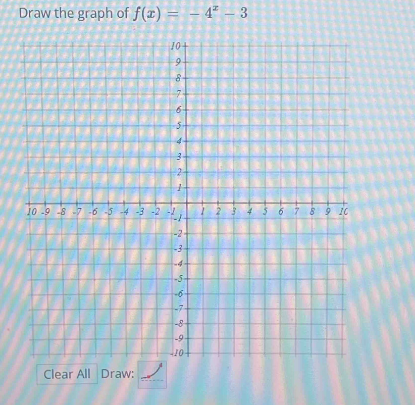 Draw the graph of f(x)=-4^x-3
Clear All Draw: