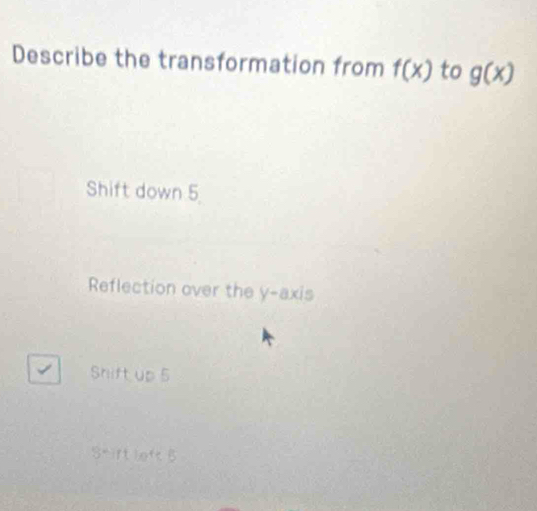 Describe the transformation from f(x) to g(x)
Shift down 5
Reflection over the y-axis
Shift up 5
Shirt left B