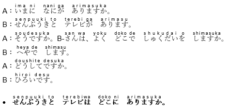 ima ni nani ɑa arim asuka 
A：いまに なにがーありますか。 
senpuuki to terebi ga arimasu 
B：せんぶうきとーテレビがーあります。 
s oud e s uk a san wa voku doko de shuk udai o shimašuka 
A：そうですか。B-さんは、よくーとこで ゅく だいを しますか。 
heya de shimasu 
B： へやで します。 
doushite desuka 
A：どうしてですか。 
hiroi desu 
B：ひろいです。 
senpu uki to terebiw a d o ko ni arim asuk a 
せんぶうきと テレビは どcK ありますか。