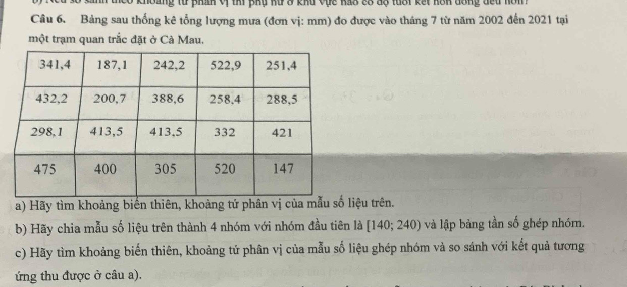 khoảng từ phán Vị thi phụ nữ ở khu vực hao có độ tuổi kết hôn đồng đều hom 
Câu 6. Bảng sau thống kê tổng lượng mưa (đơn vị: mm) đo được vào tháng 7 từ năm 2002 đến 2021 tại 
một trạm quan trắc đặt ở Cà Mau. 
a) Hãy tìm khoảng biến thiên, khoảng tứ phân vị của mẫu số liệu trên. 
b) Hãy chia mẫu số liệu trên thành 4 nhóm với nhóm đầu tiên là [ 140; 240) và lập bảng tần số ghép nhóm. 
c) Hãy tìm khoảng biến thiên, khoảng tứ phân vị của mẫu số liệu ghép nhóm và so sánh với kết quả tương 
ứng thu được ở câu a).