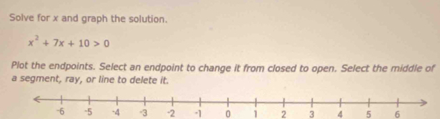 Solve for x and graph the solution.
x^2+7x+10>0
Plot the endpoints. Select an endpoint to change it from closed to open. Select the middle of 
a segment, ray, or line to delete it.
-3 -2 -1 0 1 2 3 4 5 6