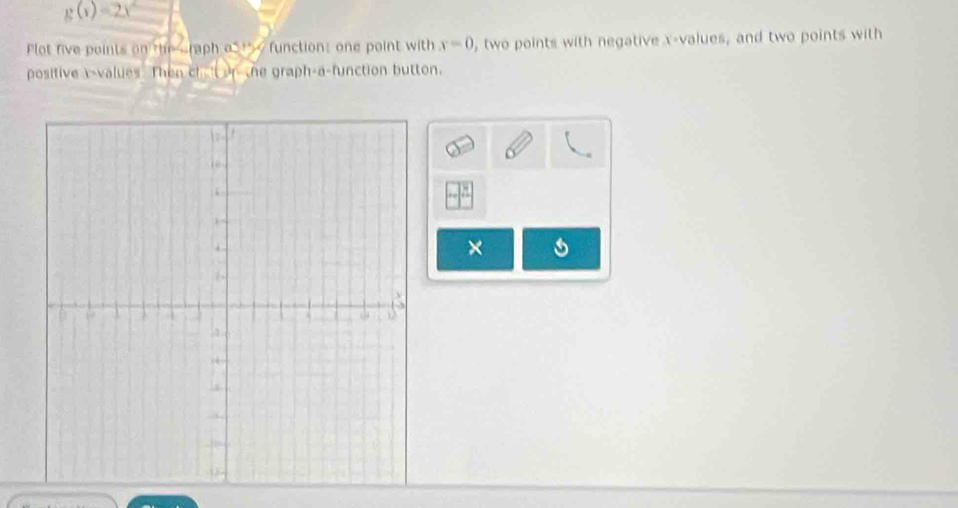 g(x)=2x
Plot five points on the sraph os t> x=0 , two points with negative x -values, and two points with 
positive x -values. Then cha't or the graph-a-function button. 
×