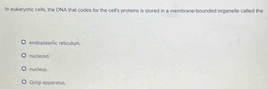 In eukaryotic cells, the DNA that codes for the cell's proteins is stored in a membrane-bounded organelle called the
endoplasmic reticulum.
nucleoid.
nucleus.
Golgi apparatus.