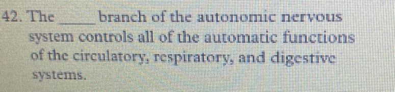 The _branch of the autonomic nervous 
system controls all of the automatic functions 
of the circulatory, respiratory, and digestive 
systems.