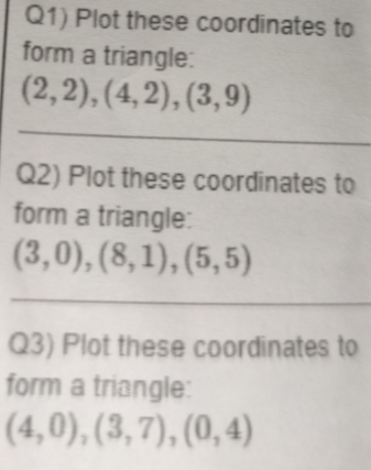 Q1) Plot these coordinates to 
form a triangle:
(2,2),(4,2), (3,9)
_ 
Q2) Plot these coordinates to 
form a triangle:
(3,0),(8,1),(5,5)
_ 
Q3) Plot these coordinates to 
form a triangle:
(4,0), (3,7), (0,4)