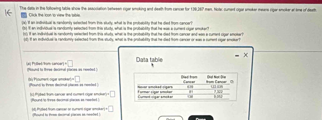 The data in the following table show the association between cigar smoking and death from cancer for 139,267 men. Note: current cigar smoker means cigar smoker at time of death. 
Click the icon to view the table. 
(a) If an individual is randomly selected from this study, what is the probability that he died from cancer? 
(b) If an individual is randomly selected from this study, what is the probability that he was a current cigar smoker? 
(c) If an individual is randomly selected from this study, what is the probability that he died from cancer and was a current cigar smoker? 
(d) If an individual is randomly selected from this study, what is the probability that he died from cancer or was a current cigar smoker? 
(a) P(died from cancer) =□
Data table 
(Round to three decimal places as needed.) 
(b) P(current cigar smoker) =□
(Round to three decimal places as needed.) 
(c) P(died from cancer and current cigar smoker) =□
(Round to three decimal places as needed.) 
(d) P(died from cancer or current cigar smoker) =□
(Round to three decimal places as needed.)