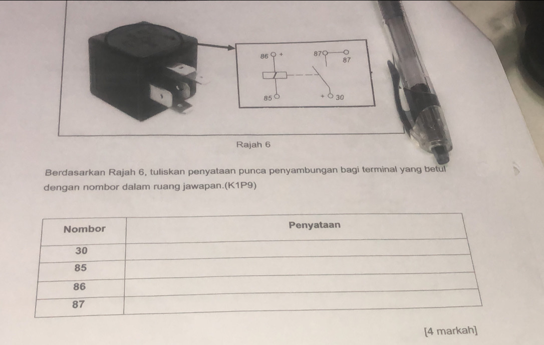 86 + 87Ω
87
85 + 30
Rajah 6 
Berdasarkan Rajah 6, tuliskan penyataan punca penyambungan bagi terminal yang betul 
dengan nombor dalam ruang jawapan.(K1P9) 
[4 markah]