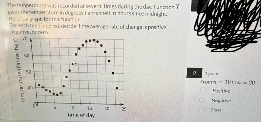 The temperature was recorded at several times during the day. Function T
gives the temperature in degrees Fahrenheit, n hours since midnight.
Here is a graph for this function.
For each time interval, decide if the average rate of change is positive,
negative, or zero.
70
60
: 50
2 1 point
From n=10 to n=20
40
Positive
Negative
o 5 10 15 20 25 Zero
time of day