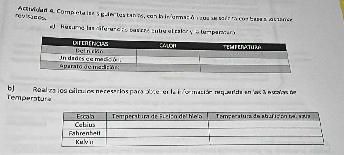 Actividad 4. Completa las siguientes tablas, con la información que se solicita con base a los temas 
revisados. 
a) Resume las diferencias básicas entre el calor y la temperatura 
b) Realiza los cálculos necesarios para obtener la información requerida en las 3 escalas de 
Temperatura