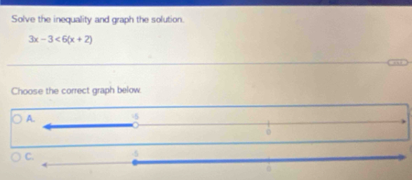 Solve the inequality and graph the solution.
3x-3<6(x+2)
Choose the correct graph below.