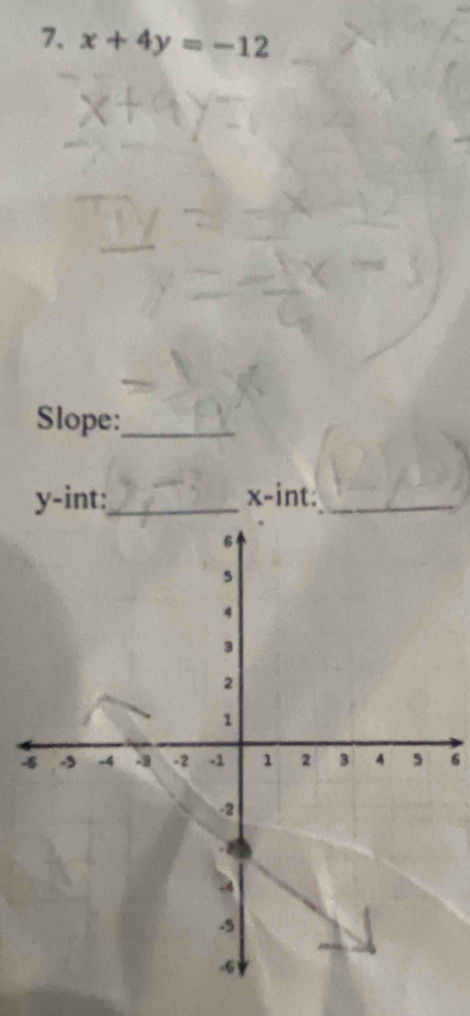 x+4y=-12
Slope:_
y -int:_ x -int:_
-6